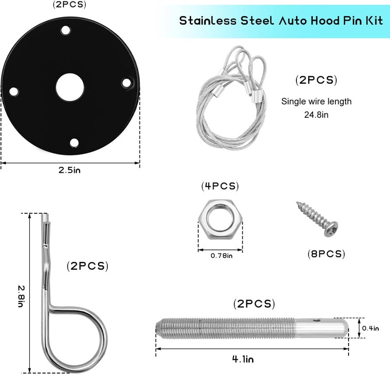 NYTKL 2 PCS Stainless Steel Car Hood Pins Kit, Quick Release Hood Cover Pin Lock Appearance Kit with Racing Lanyard, Universal Engine Bumper Bonnet Pin for Cars Trucks SUVs (Black) - Image 2